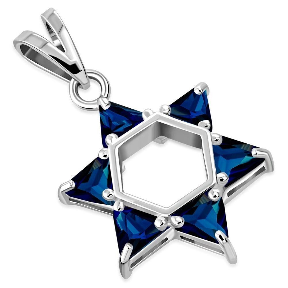 PENDANT, Sterling Silver Star of David with 6 Sapphire CZ gems Large